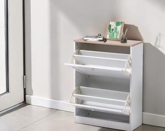 Wooden Shoe Cabinet with 2 Flip Drawers Pull Down Storage Rack Entryway Organizer Unit