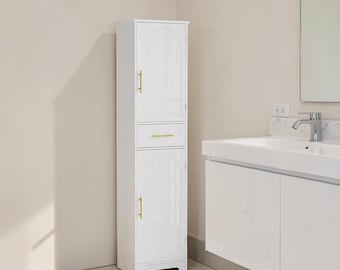 Hoge slanke badkamerkast met lade en 2 deuren verstelbare plank witte opbergeenheid
