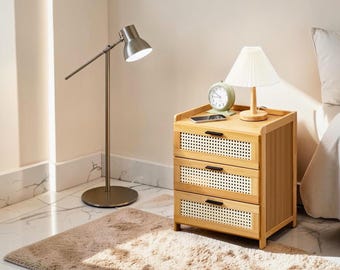 Wooden Bedside Cabinet Rattan Nightstand with 3 Drawers Storage Shelf