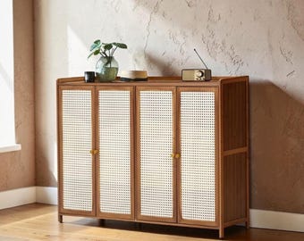 Farmhouse Bamboo Shoe Cabinet 5 Tier Storage Rack with Rattan Doors Entryway Organizer Unit