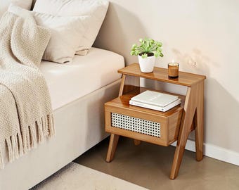 Wooden Bedside Cabinet Rattan Accent Nightstand Storage Table