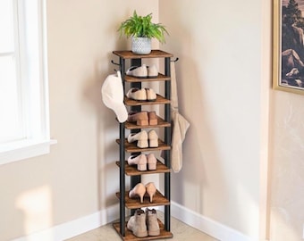 Tall Wooden Shoe Rack Slim Vertical Shoe Storage Organizer with Hooks Narrow Entryway Unit