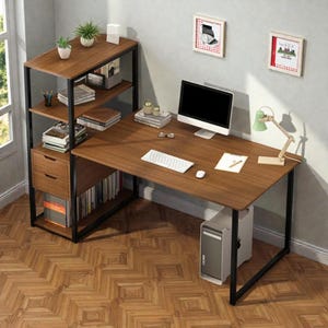 May include: A contemporary wooden desk with a black metal frame and integrated shelving. The desk includes a computer, keyboard, and lamp. The shelving unit has drawers and open shelves with books and ornaments. The desk is in a home office setting, with a parquet floor.