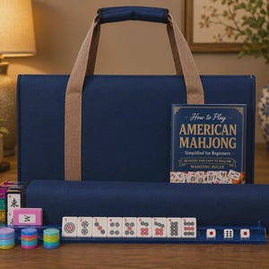 May include: A navy blue carrying case with tan handles, a book titled How to Play American Mahjong, a blue tile rack, and a set of white Mahjong tiles with red and black markings. Three stacks of colorful plastic chips and three white dice are included.