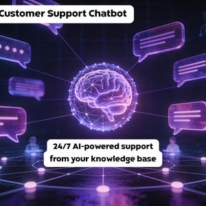 Könnte beinhalten: Ein digitales Bild mit dunklem Hintergrund. Der Text lautet "AI Customer Support Chatbot" und "24/7 AI-powered support from your knowledge base." Ein leuchtendes Gehirn steht im Mittelpunkt, umgeben von Sprechblasen und Linien.