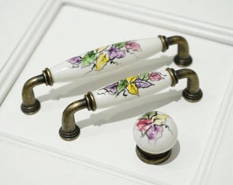 96/128 mm Porcelain Cabinet Handle – Vintage Drawer Pull, Farmhouse Kitchen Knob, White Ceramic Furniture Handle, Rustic Cabinet Hardware