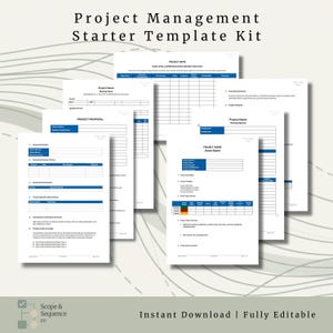 Puede incluir: Un kit de plantillas de inicio para gestión de proyectos con varias páginas de documentos blancos con encabezados y tablas azules. El texto incluye Project Proposal, Status Report y Meeting Name. En la esquina inferior aparece el logo de Scope & Sequence co.