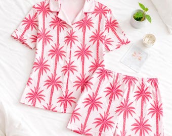 Pink Palm Trees Pajama Set Women, Tropical Print Sleepwear Women, Summer Beach Pajamas, Cute Button Up PJ Set, Gift for Her