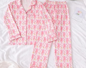 Pink Monkey Pajama Set Women, Cute Funny PJs, Playful Animal Sleepwear, Kawaii Pajamas, Short Sleeve Button Up Lounge Set, Gift for Her