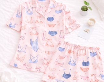 Bikini Print Pajama Set, Cute Pink Sleepwear Women, Swimsuit Pattern PJ Set, Summer Pajamas, Aesthetic Lounge Set Gift