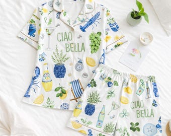 Italian Summer Pajama Set, Lemon Vacation Sleepwear, Cute Mediterranean Pajamas, Aesthetic Summer PJs, Unisex Loungewear Gift