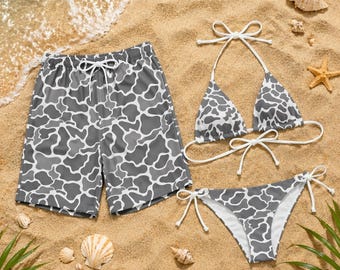 Grey Camo Couple Swimwear, Matching Bikini and Swim Shorts Set, Camouflage Beach Outfit His and Hers, Minimal Aesthetic Swimsuit