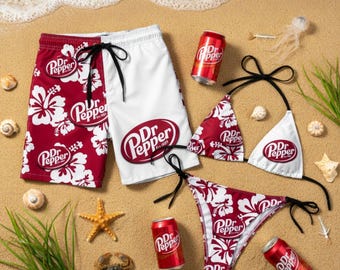 Dr Pepper Swimsuit Set, Red Tropical Bikini & Swim Trunks, Honeymoon Outfit, Gift for Couple, Beach Vacation Wear