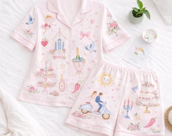 Bridal Pink Satin Pajama Set, Wedding Morning PJs, Romantic Bride Sleepwear, Cute Bridal Shower Gift, Vintage Wedding Loungewear for Women