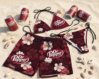 Dr Pepper Swimwear, Matching Couple Swimsuit, Dark Burgundy Bikini Set, Mens Swim Trunks, Beach Vacation Holiday Wear