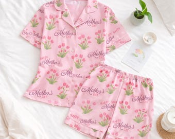 Mother’s Day Pajama Set Women, Pink Floral Satin PJs, Cute Tulip Sleepwear, Aesthetic Pajamas, Gift for Mom, Bridesmaid PJs