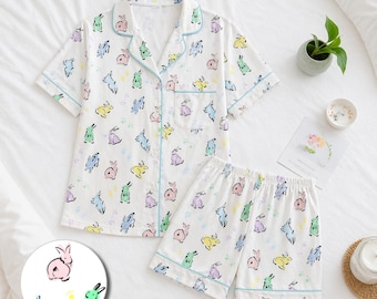 Bunny Pajama Set for Women, Pastel Rabbit Sleepwear, Soft Summer PJs, Short Sleeve Button Up Pajamas, Kawaii Loungewear Gift