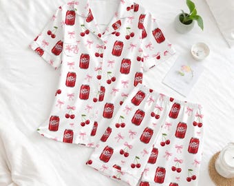 Dr Pepper Pajama Set, Pink Cherry Bow PJs, Aesthetic Sleepwear, Coquette Pajamas, Gift for Her
