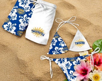 Conjunto de traje de baño hawaiano a juego para parejas, bikini tropical y bañador, atuendo para luna de miel, regalo para parejas, regalo para él y para ella, ropa de playa.