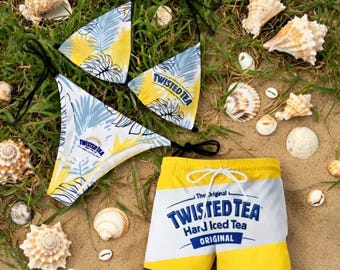 Matching Couples Lemon Summer Swimsuit Set, Yellow Bikini & Swim Trunks, Tropical Beach Outfit, Gift for Couple, Gift for Him Her Vacation