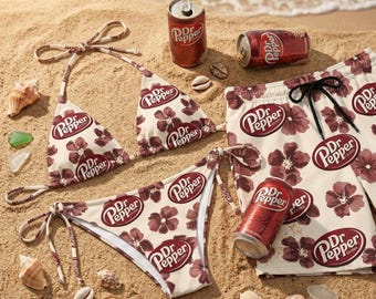 Dr Pepper Swimwear, Matching Couple Swimsuit, Tropical Soda Bikini Set, Mens Swim Trunks, Beach Vacation Holiday Wear, Gift for Her