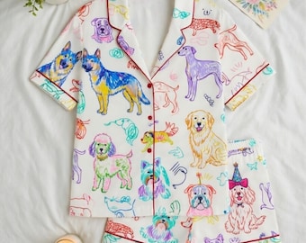 Colorful Dog Print Button-Up Shirt, Artistic Dog Illustration Top, Unisex Casual Shirt, Pet Lover Gift, Whimsical Animal Art Clothing