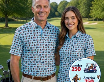Polo de golf America 250, camiseta patriótica divertida de Bigfoot, camiseta del 250 aniversario de EE. UU., conjunto de golf para el 4 de julio, regalo para él/ella.