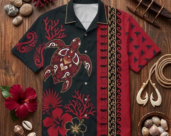 Polynesian Sea Turtle Shirt, Red Black Hibiscus Down, Retro Shark Tooth Tattoo Top, Maori Tribal Ocean Summer Beach Gift, Gift for Him