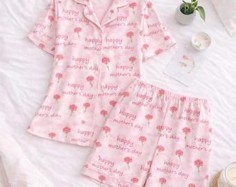 Happy Mother’s Day Pajamas Women, Pink Satin PJs, Floral Sleepwear, Gift for Mom
