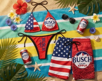 Busch Light Apple Matching Swimsuit Set, Patriotic Couple Bikini, USA Flag Swim Trunks, Summer Beachwear