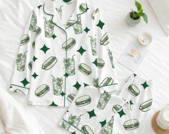 Burger Pajama Set Women Funny Food Print PJs, Green Aesthetic Lounge Set, Long Sleeve Cute Sleepwear, Cozy Gift for Her