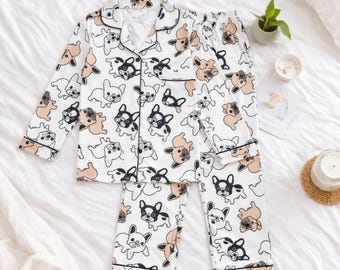 Bulldog Pajama Set Women, Neutral Dog Pajamas, Cute Puppy PJs, Dog Lover Sleepwear, Minimalist Animal Print Lounge Set, Gift for Dog Mom