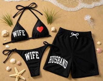 Couples Matching Swimsuits Wife Husband Bikini & Swim Trunks Set, Honeymoon Swimwear, Wedding Gift for Couple, Gift for Husband Wife