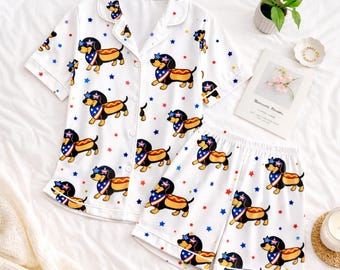 Cute Dachshund Pajama Set for Women, Patriotic Dog Print Sleepwear, Summer Short Sleeve Button Down PJs, Funny Wiener Dog Loungewear Gift