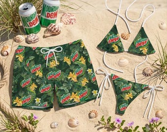 Mountain Dew Swimwear, Matching Couple Swimsuit, Cute Soda Bikini Set, Mens Swim Trunks, Tropical Beach Outfit, Gift for Boyfriend