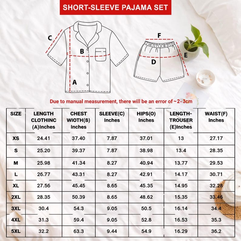 Puede incluir: Diagrama de un conjunto de pijama de manga corta con medidas en pulgadas. El conjunto incluye una camisa con botones y pantalones cortos. Se proporcionan medidas de largo, ancho de pecho, largo de manga, caderas, largo de pantal&oacute;n y cintura, de XS a 5XL.