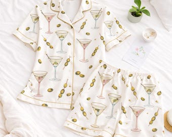 Cocktail Print Pajama Set, Martini Olive PJ Set, Cute Summer Sleepwear, Women’s Button Up Pajamas, Aesthetic Lounge Set