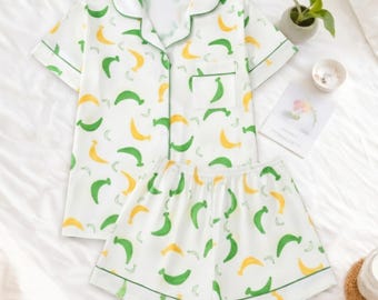 Banana Pajama Set Women, Cute Fruit Pajamas, Funny PJs, Kawaii Sleepwear, Short Sleeve Button Up Lounge Set, Summer Pajamas, Gift for Her