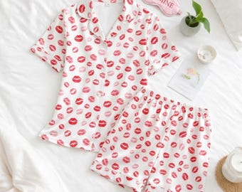 Lip Print Pajama Set for Women, Soft Button Up Sleepwear, Pink Kiss Print Pajamas, Romantic Lounge Set, Gift for Her