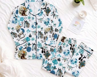 Western Pajama Set Women, Cowgirl Sleepwear, Turquoise Western Print PJs, Button Up Pajamas, Cute Rodeo Lounge Set, Gift For Her