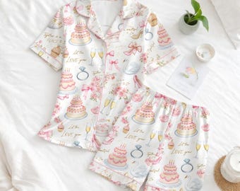 Wedding Pajama Set Women, Bridal Satin Pajama, Bridesmaid Pajamas, Pink Wedding Sleepwear, Bachelorette Party Gift