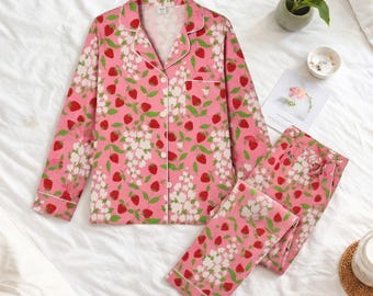 Strawberry Pajama Set Women, Cute Pink Floral Sleepwear, Coquette Pajamas Set, Cottagecore Loungewear, Soft Girly PJ Set Gift