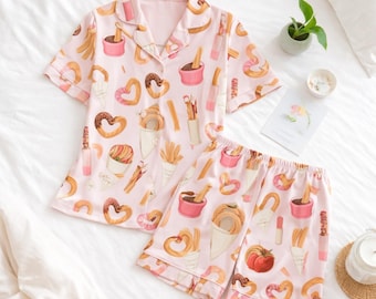 Bakery Pajamas Women, Pink Satin PJs Set, Food Print Sleepwear, Mother’s Day Gift Idea