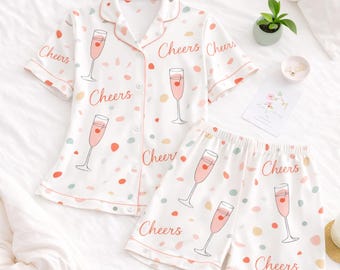 Cheers Champagne Pajama Set, Champagne Glass Print PJ, Polka Dot Sleepwear, Cute Summer Pajamas Women, Button Up Lounge Set