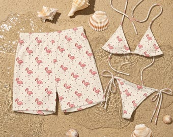 Mini Flamingo Swimwear, Matching Couple Swimsuit, Pink Polka Dot Bikini Set, Mens Swim Trunks, Beach Vacation Outfit, Gift for Her