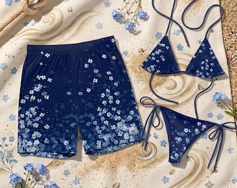 Forget Me Not Bikini, Personalized Couple Swimwear, Unique Gift Idea, Summer Beach Pool Party, Gift For Lovers Shorts
