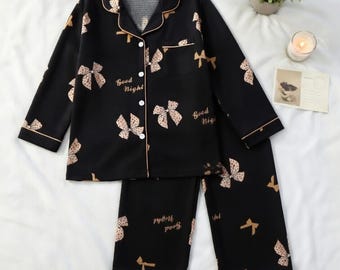 Bow Pajama Set for Women, Soft Long Sleeve Sleepwear, Aesthetic Cozy Loungewear, Gift for Her, Cute Nightwear Set