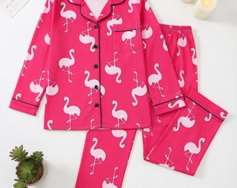 Flamingo Pajama Set Women, Cute Pink Pajamas, Animal Print PJs, Summer Pajama Set, Short Sleeve Button Up Sleepwear, Gift for Her