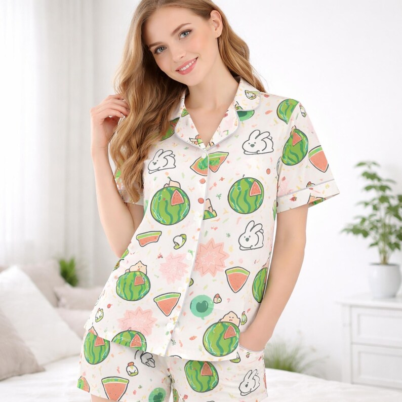 Puede incluir: Conjunto de pijama blanco con estampado de sand&iacute;a y conejito. La parte superior de manga corta y los pantalones cortos presentan sand&iacute;as verdes, rodajas de sand&iacute;a y conejitos de dibujos animados. El pijama tiene cuello y ribete rosa claro.