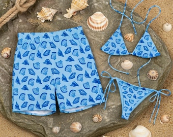 Conjunto de traje de baño a juego para parejas con estampado de conchas marinas, bikini y bañador estilo playero, ideal para vacaciones en la playa, regalo para parejas, regalo para él y para ella. Verano